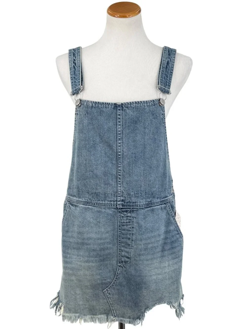 NWOT Free People Distressed Denim Overall Mini Skirt 12/L | Indie Sleaze Grunge - Picture 2 of 16